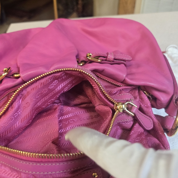 Prada Fuchsia Pink Leather Ruched Hobo Shoulder Bag. With Dustbag. - Picture 12 of 15